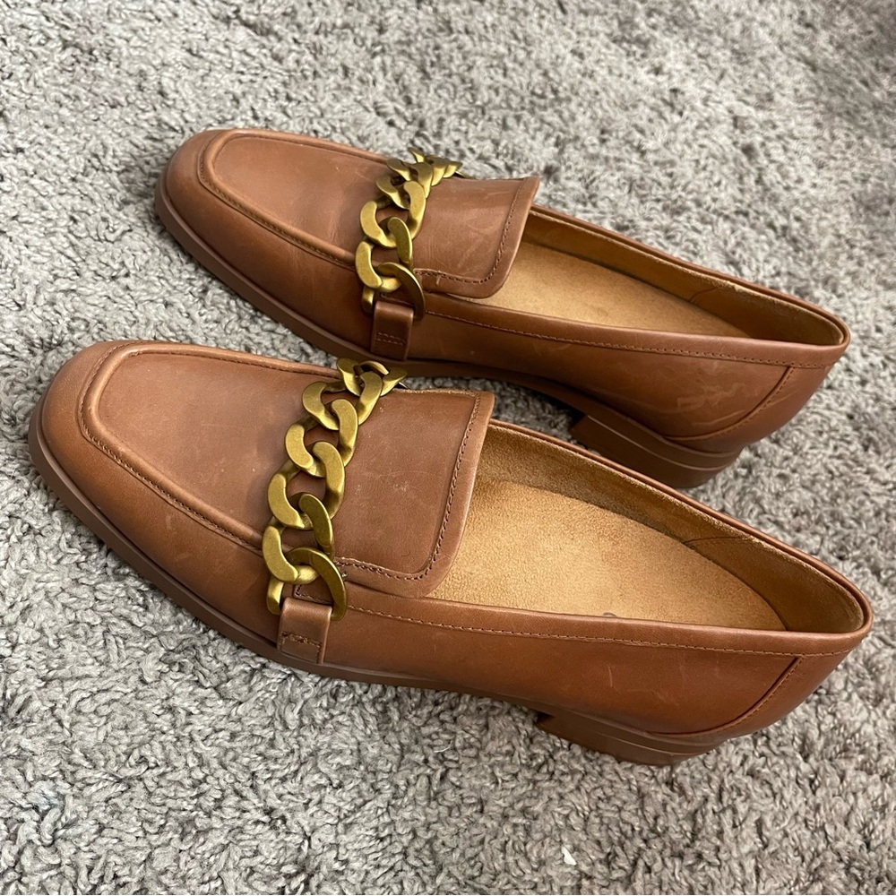Vionic Mizelle Leather Chain Loafers – Tan Brown, Size 9